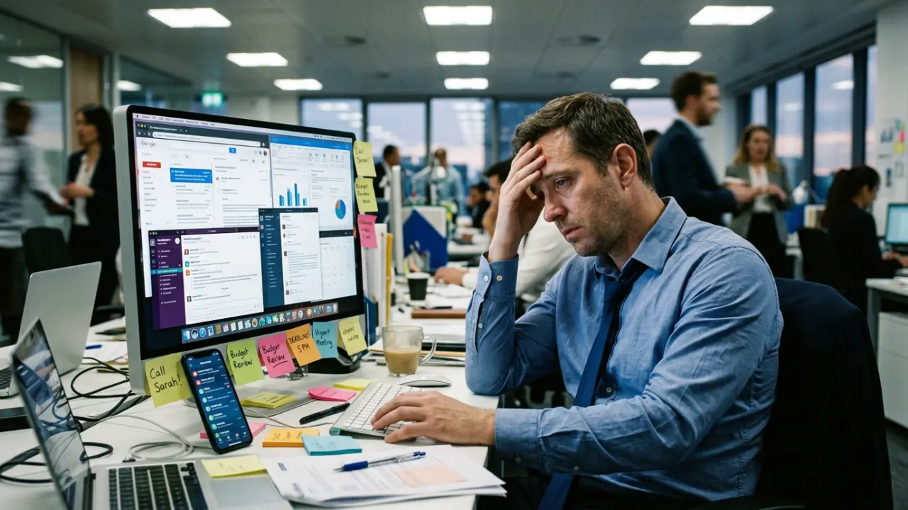 Cadre dirigeant en surcharge cognitive face à un écran saturé de notifications et de fenêtres ouvertes