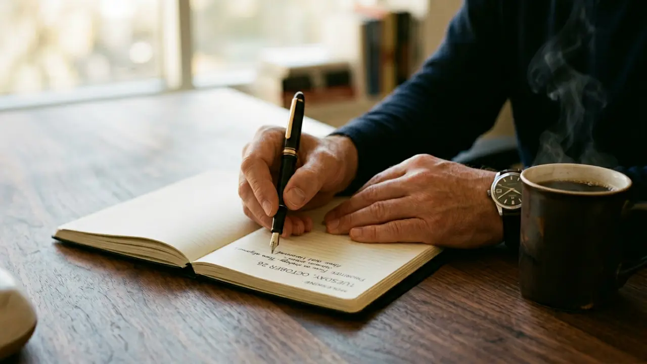 Mains d'un dirigeant écrivant dans un carnet Moleskine au lever du jour, café fumant, lumière dorée matinale