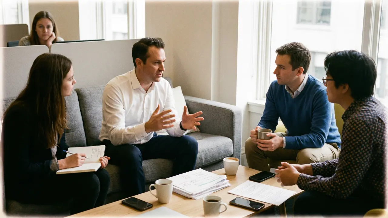 Manager influent discutant avec ses collègues dans un bureau ouvert