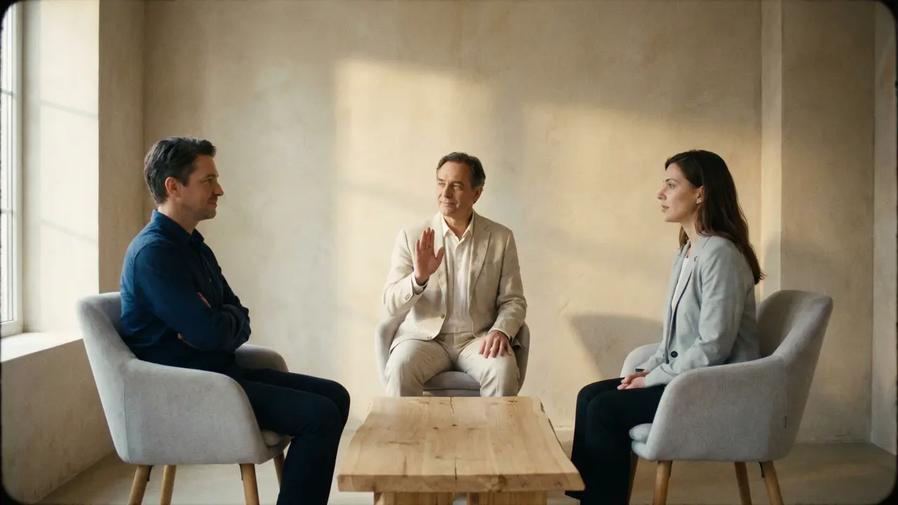 Scène de médiation apaisée entre deux cadres en conflit