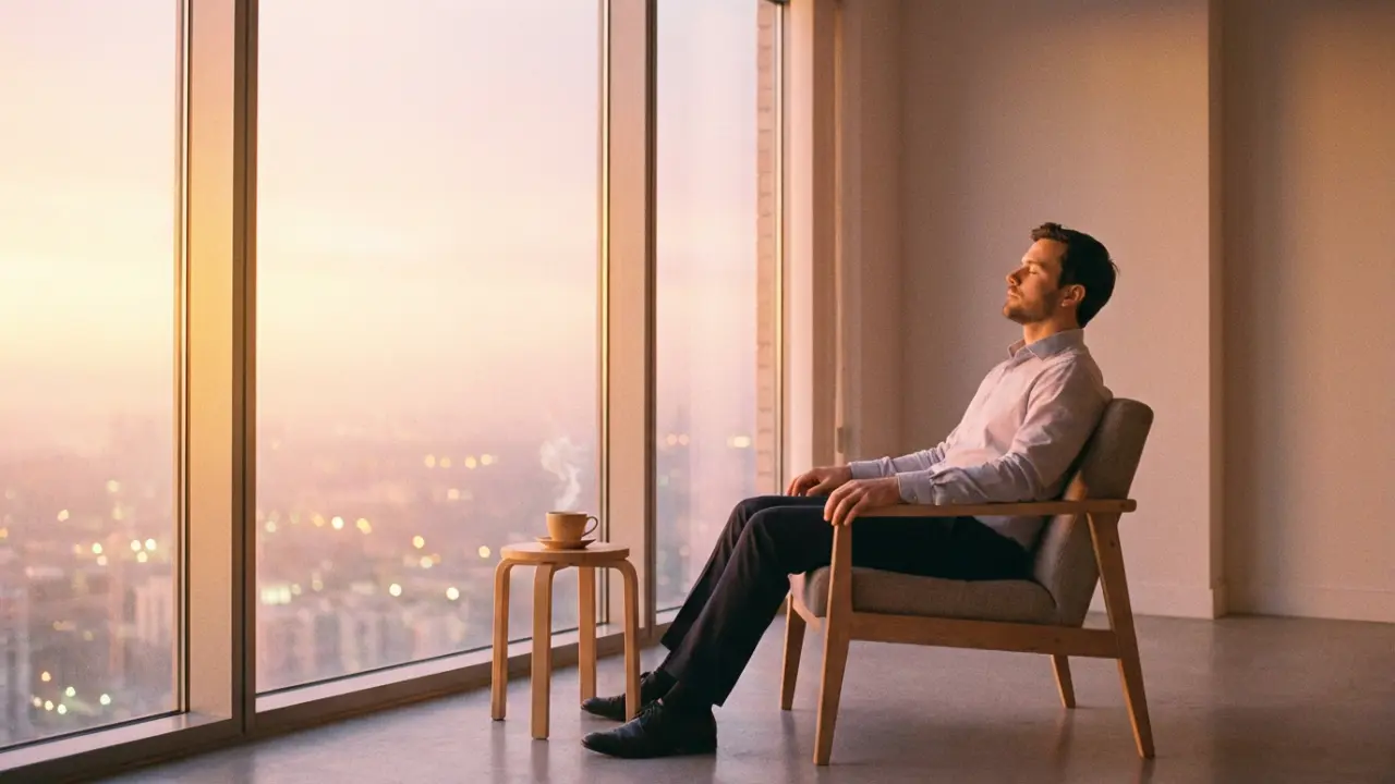 Rituel matinal de respiration consciente d'un dirigeant au lever du soleil