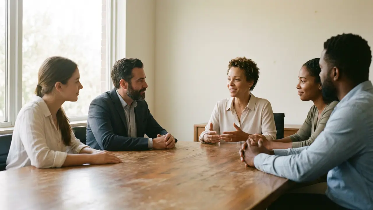 Équipe dirigeante dans une réunion collaborative et sereine