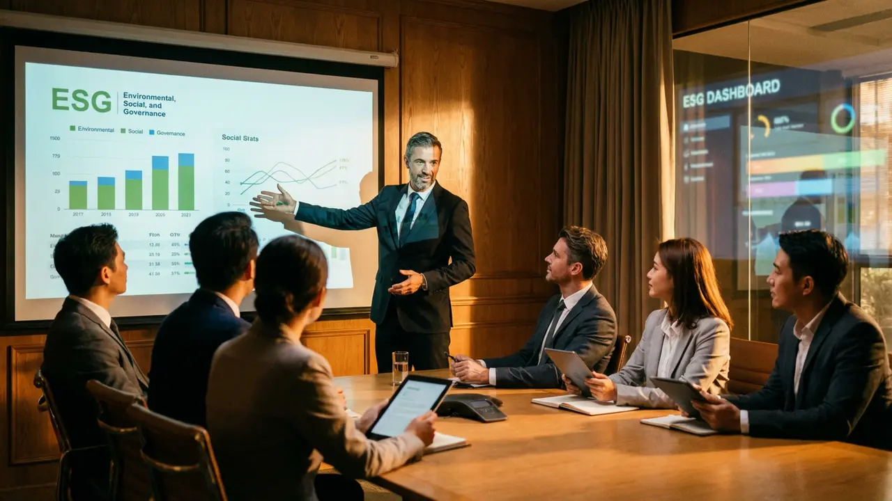 Comité exécutif analysant des indicateurs ESG lors d'une réunion de gouvernance durable