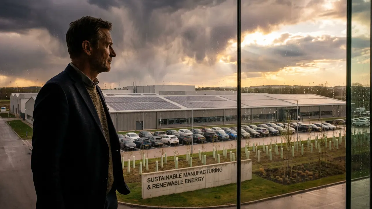 Dirigeant contemplant une entreprise résiliente face aux défis climatiques et environnementaux