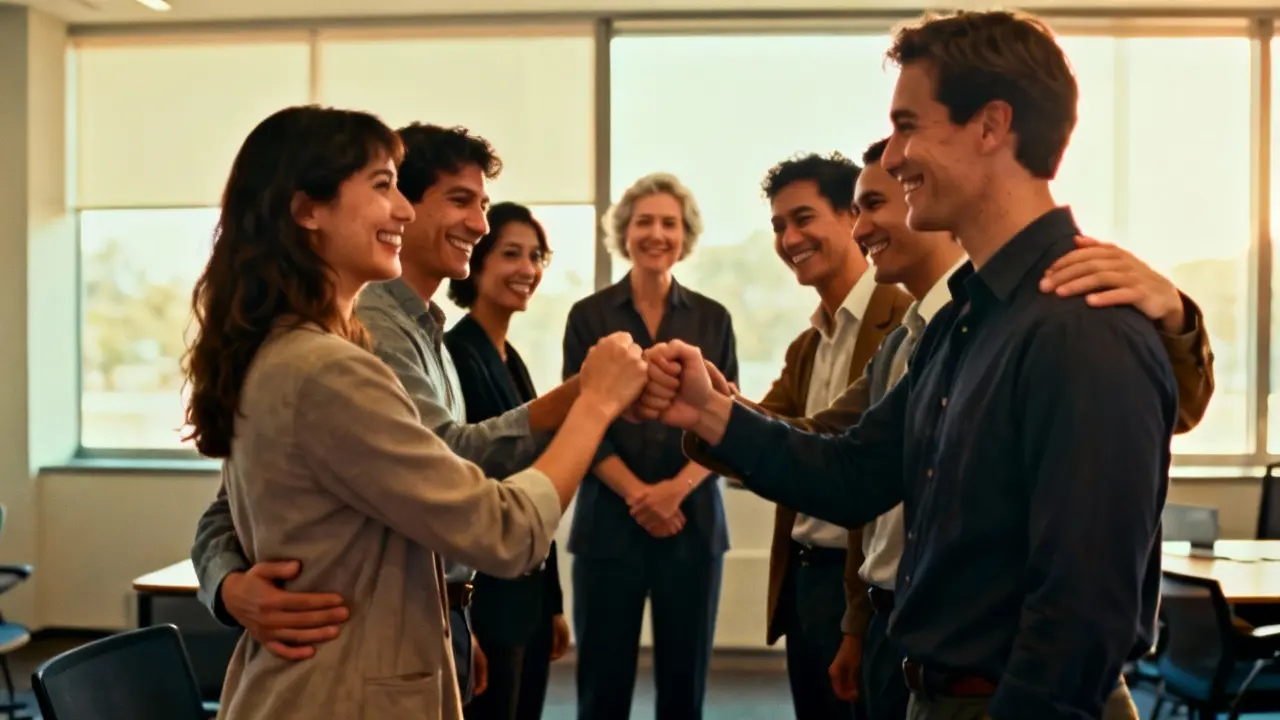 Équipe soudée illustrant une performance apaisée