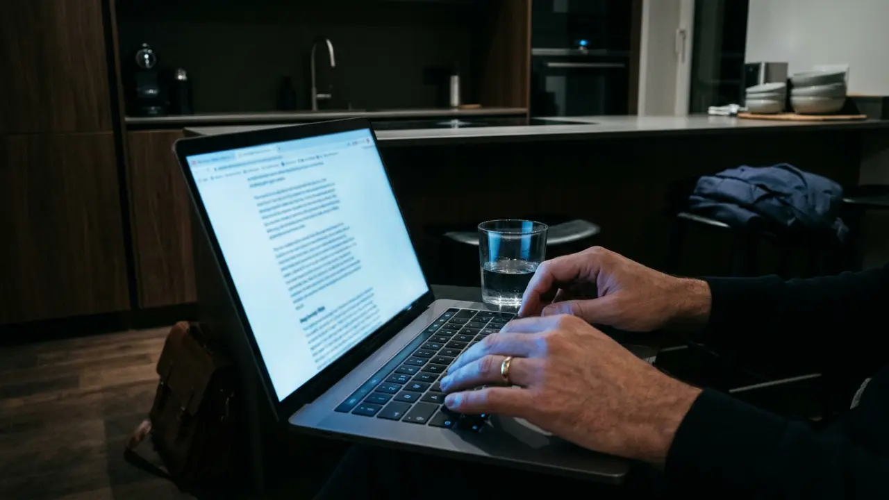 Mains d'un dirigeant sur un laptop dans la pénombre, alliance visible à la lueur froide de l'écran