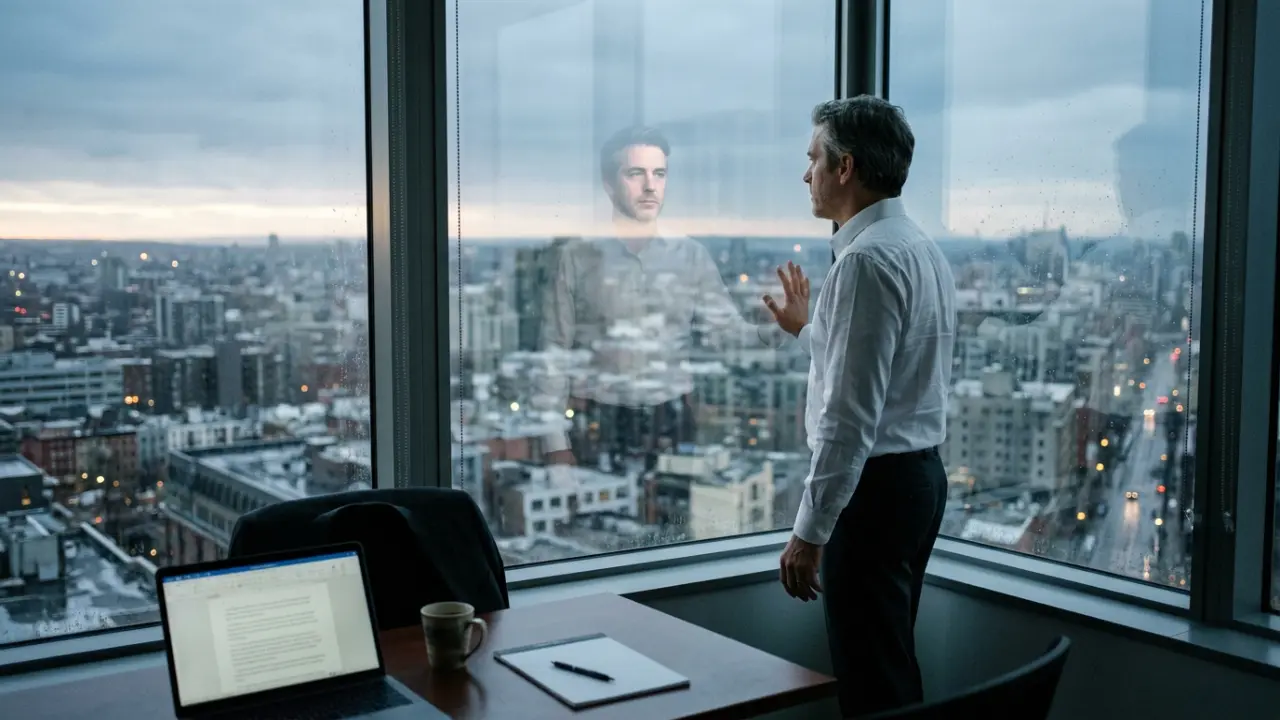 Dirigeant debout face à une grande fenêtre, reflet pensif dans la vitre, lumière froide du matin