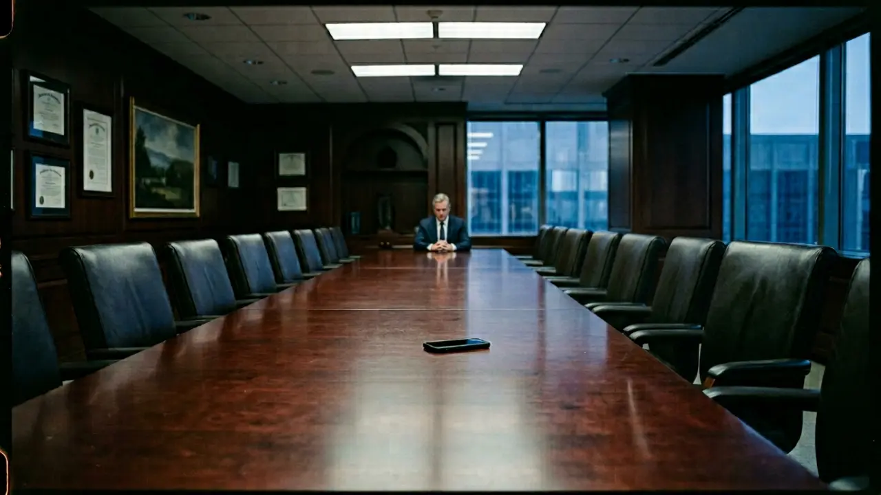 Dirigeant seul en bout de table de conseil, posture maîtrisée, regard légèrement intérieur