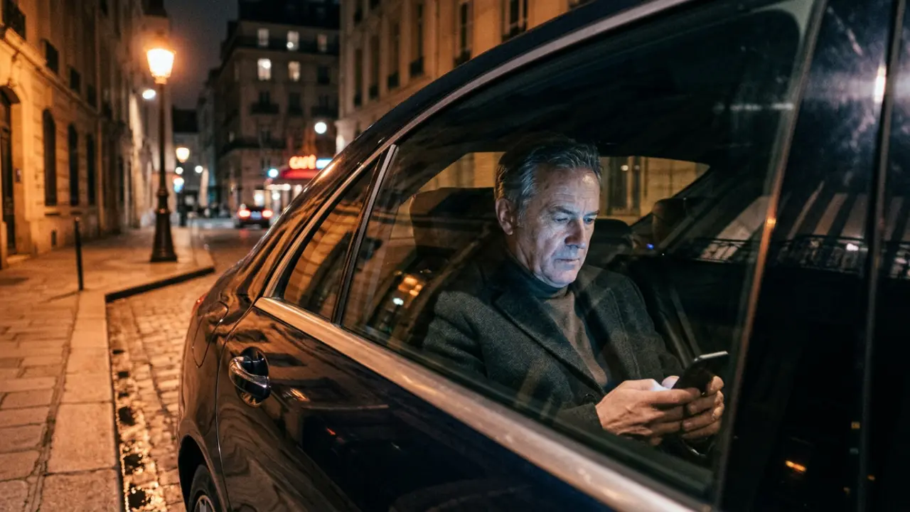 Dirigeant seul dans une voiture de nuit, lumière ambrée de la rue et lueur froide du téléphone sur son visage