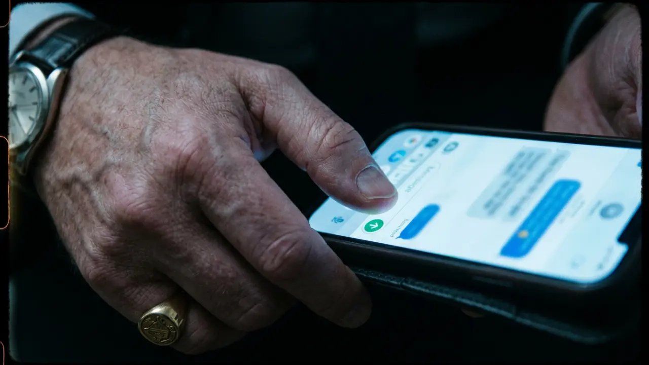 Gros plan d'un pouce suspendu au-dessus du bouton envoyer d'un smartphone, lueur froide de l'écran, chevalière visible