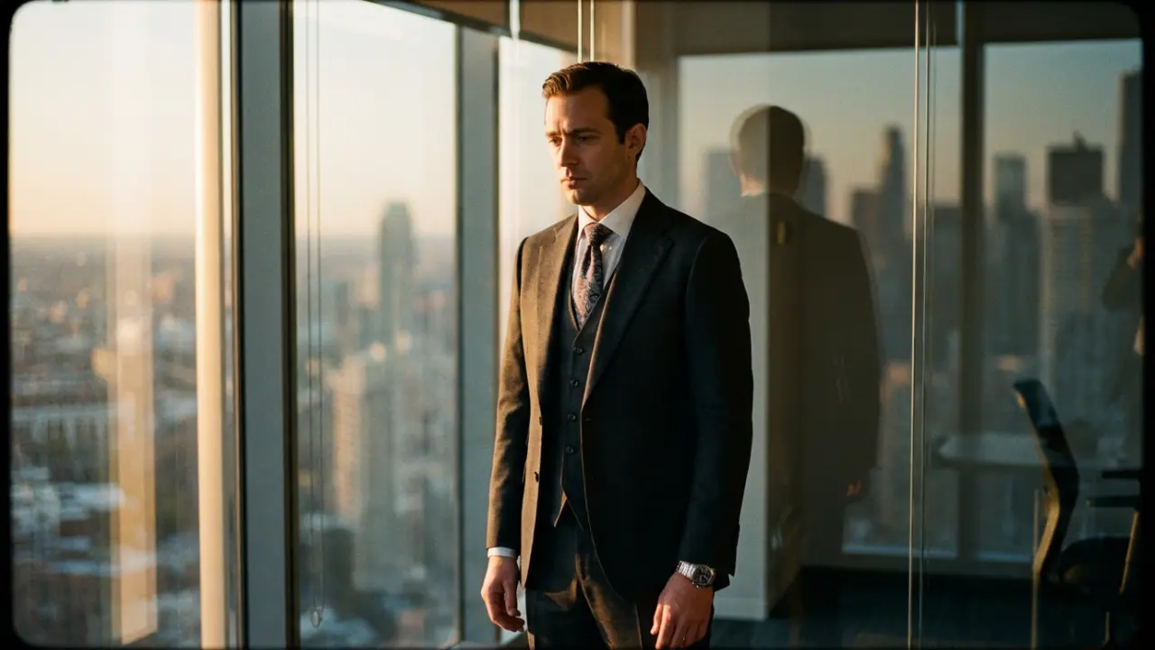 Dirigeant en costume impeccable évitant son reflet dans une salle vitrée