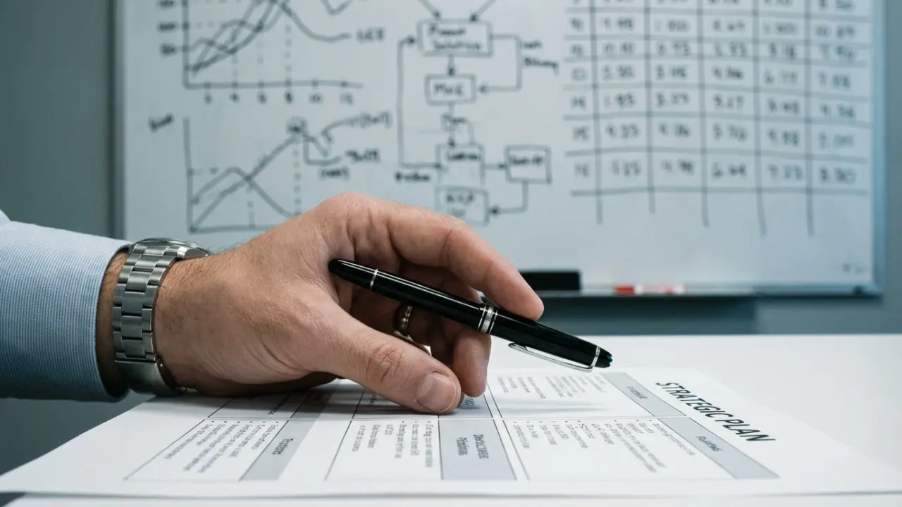 Main d'un dirigeant tenant un stylo au-dessus de documents stratégiques