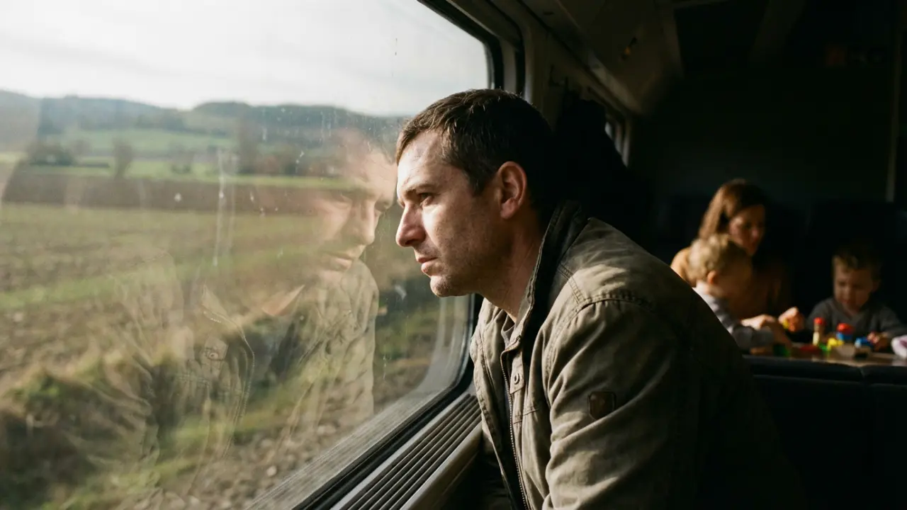 Homme regardant le paysage par la fenêtre d'un train immobilisé