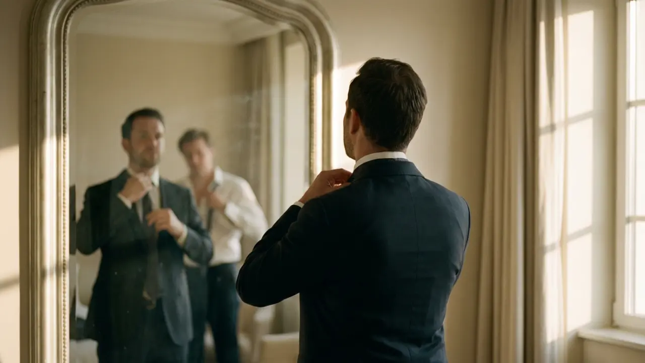 Dirigeant retirant sa cravate devant un miroir en fin de journée