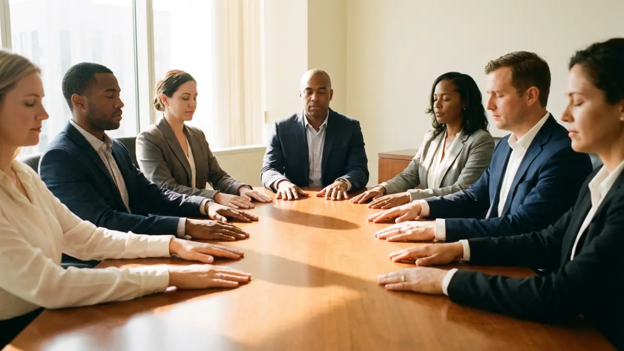 Rituel de présence en début de réunion avec les mains sur la table