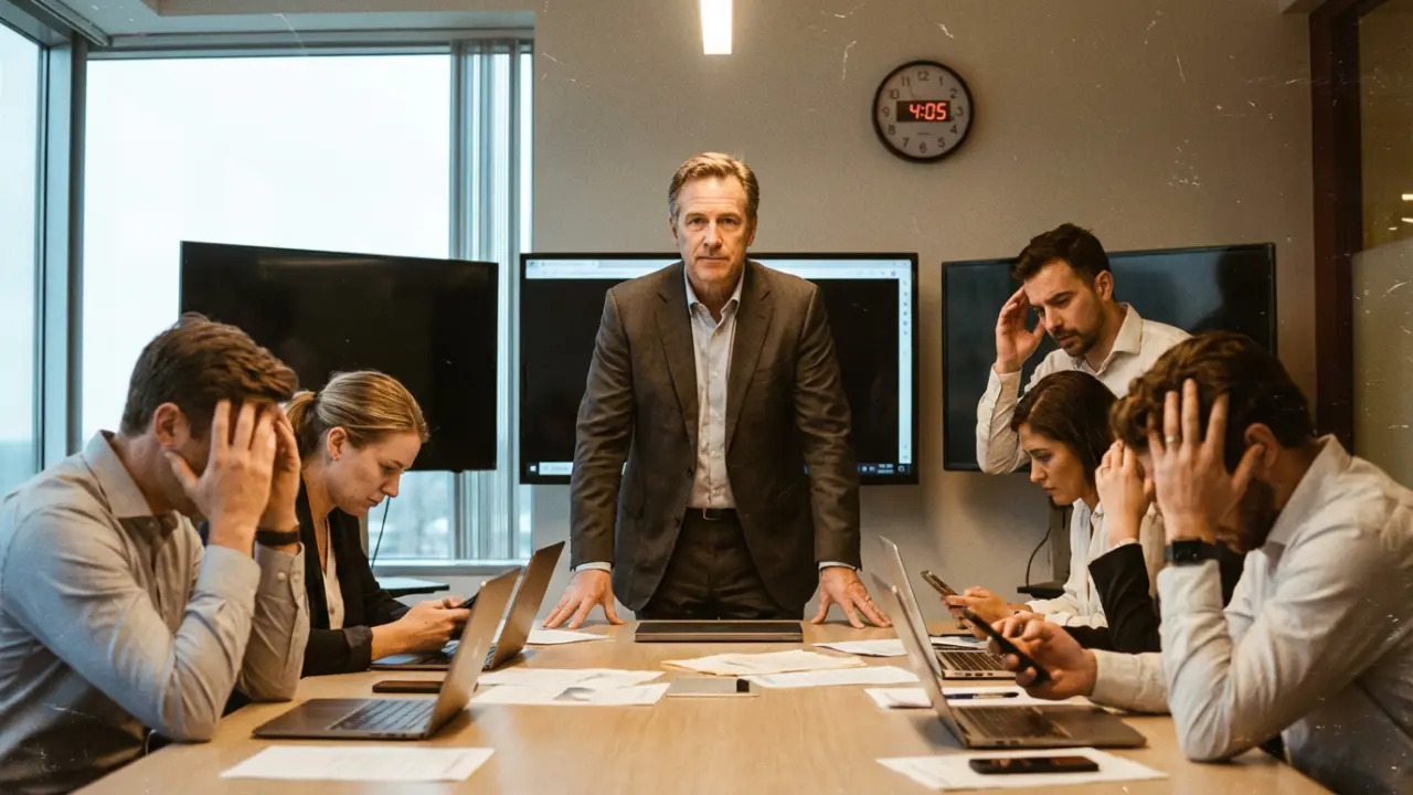 Leader stable au centre d'une salle de crise avec équipe stressée