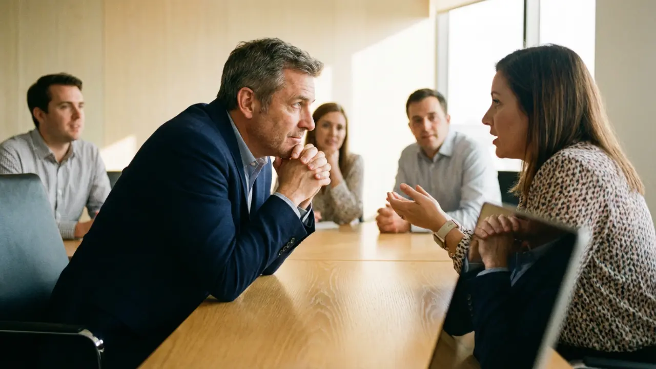 Dirigeant à l’écoute active d’une collaboratrice en réunion