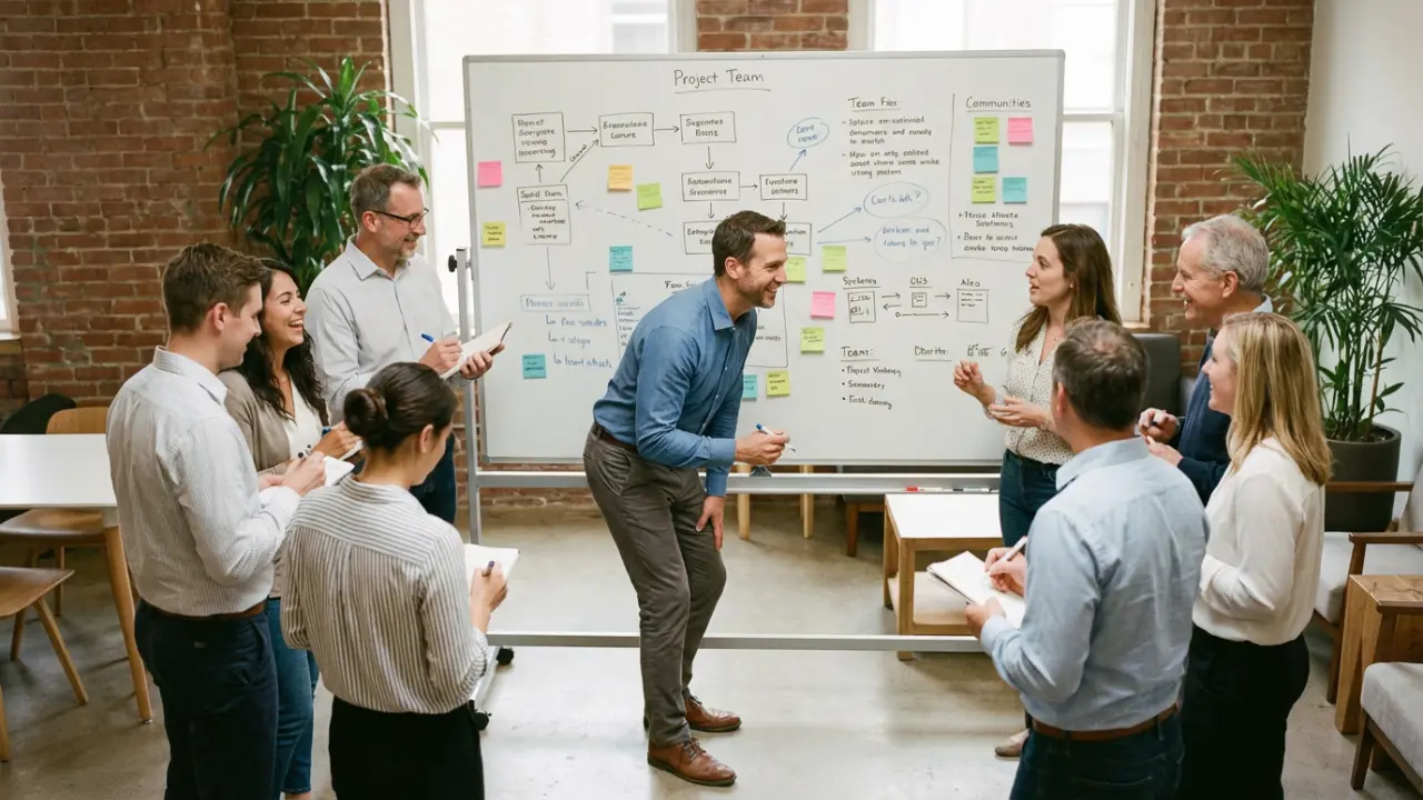 Équipe de cadres co-créant autour d’un tableau blanc avec leur leader
