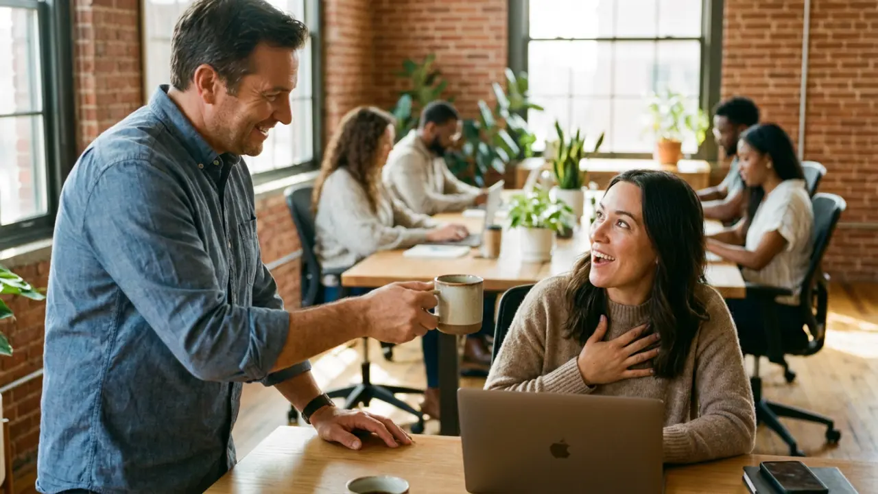 Dirigeant offrant un café à une collaboratrice souriante dans un open space