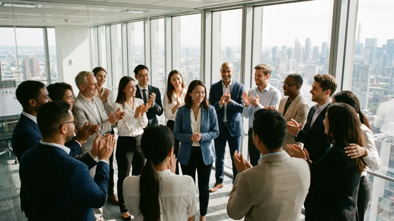 Équipe applaudissant son dirigeant après une présentation réussie