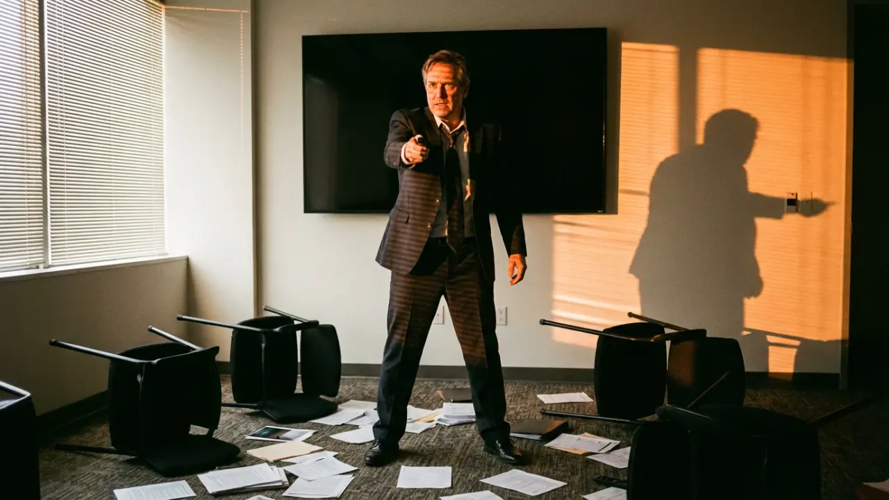 Un cadre supérieur au centre d'une salle de réunion en désordre, tenant une télécommande comme une arme dérisoire, son ombre monstrueuse projetée sur le mur