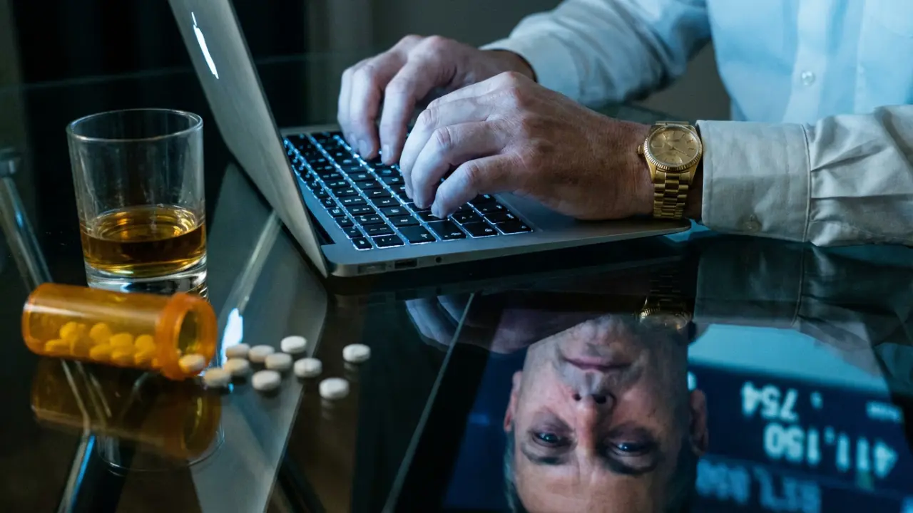Gros plan sur les mains crispées d'un homme d'affaires sur un clavier, écran bleu, verre de whisky et pilules renversées sur le bureau, montre affichant 2h47 du matin