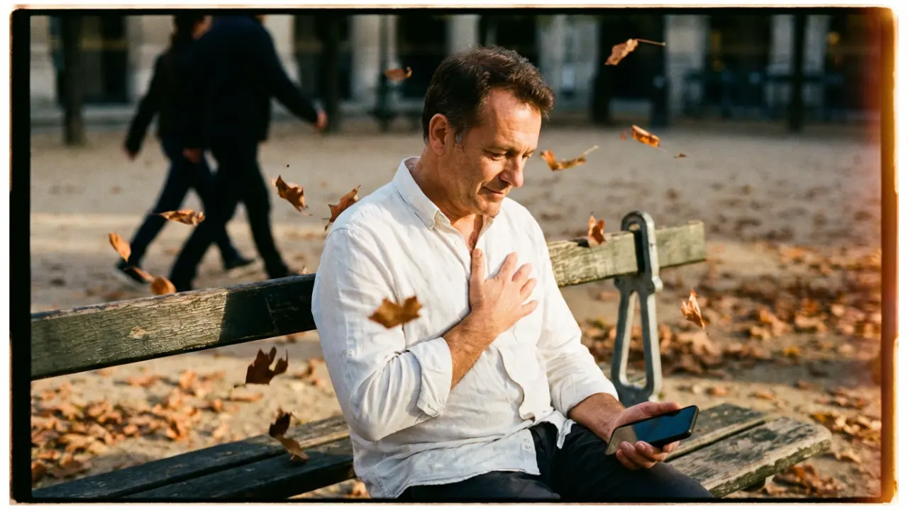Un homme assis sur un banc de parc parisien en automne, téléphone éteint à la main, expression d'acceptation mélancolique, lumière dorée de fin d'après-midi