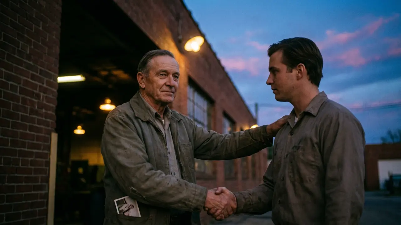 Un homme serein serrant la main d'un jeune collaborateur à l'entrée d'une usine au crépuscule, main sur l'épaule, photo de famille visible, lumières qui s'allument