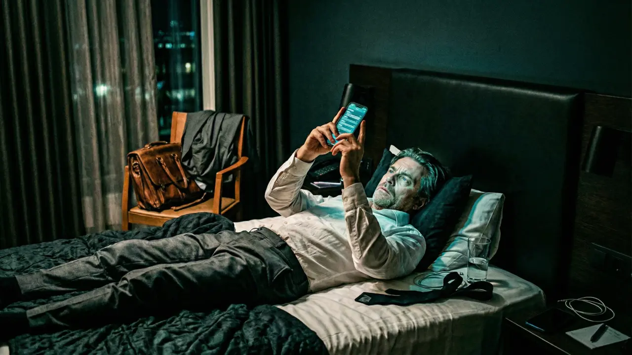 Dirigeant allongé sur un lit d'hôtel consultant son smartphone dans l'obscurité
