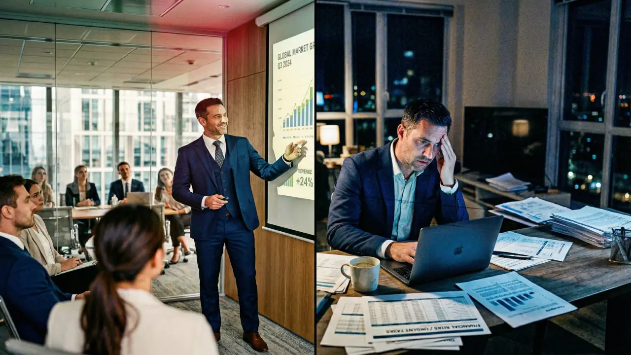 Diptyque d'un dirigeant en réunion professionnelle et seul face à son écran la nuit