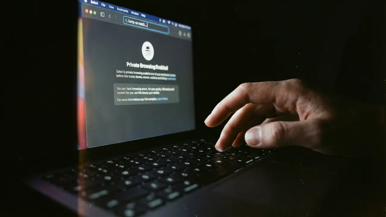 Gros plan d'une barre de recherche en navigation privée, doigts hésitant sur le clavier