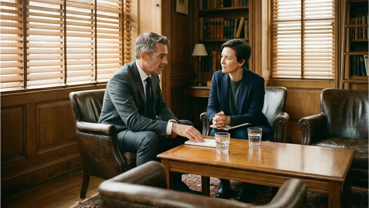 Dirigeant en entretien confidentiel avec un spécialiste dans un bureau discret et chaleureux