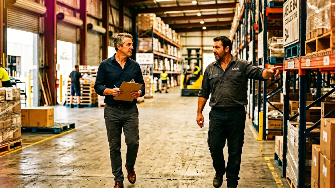 Directeur des opérations en audit terrain avec un superviseur dans un entrepôt logistique