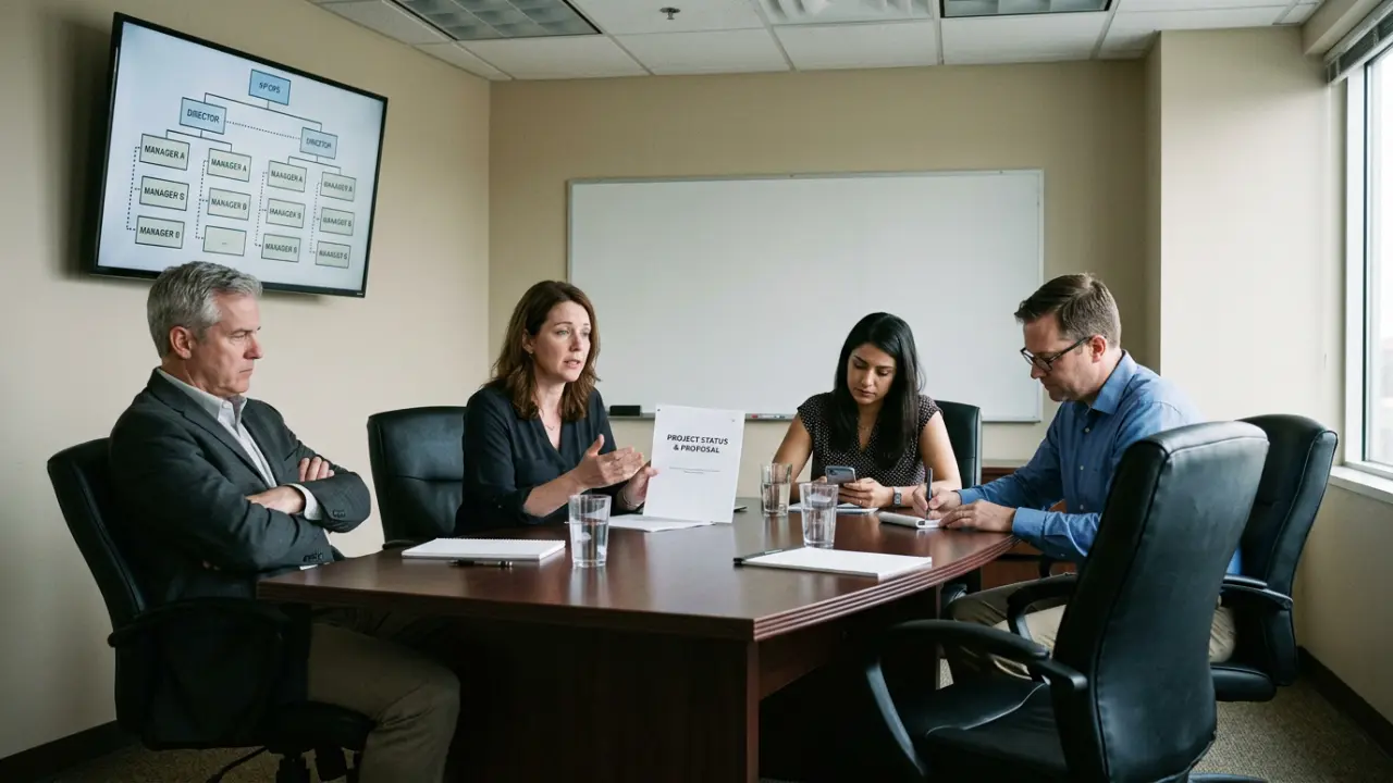 Réunion suspendue autour d'une chaîne de décision floue dans une salle de réunion d'entreprise