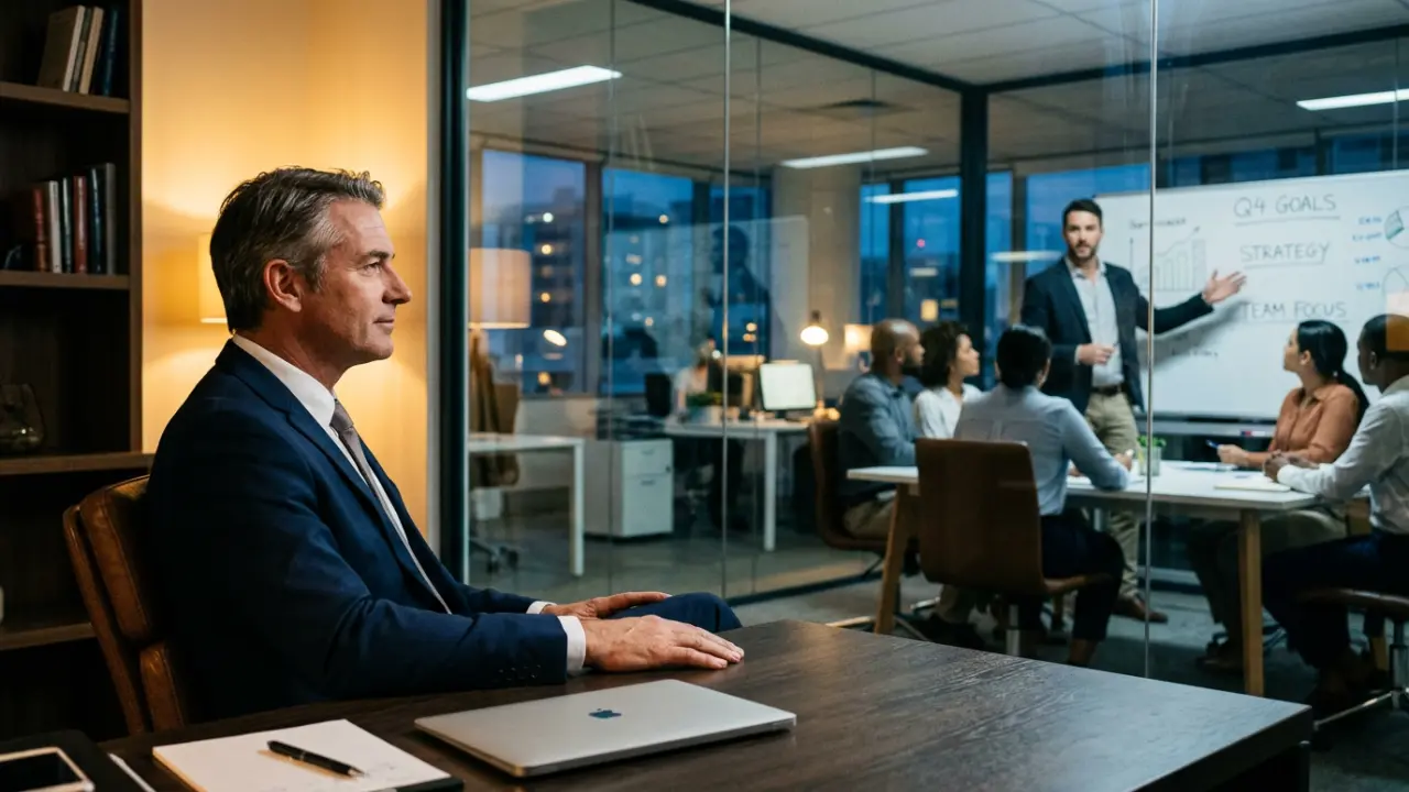 Dirigeant senior observant son manager délégué conduire une réunion d'équipe depuis son bureau vitré