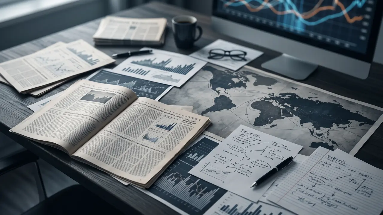 Table de travail stratégique avec journaux économiques, carte du monde, graphiques et notes manuscrites