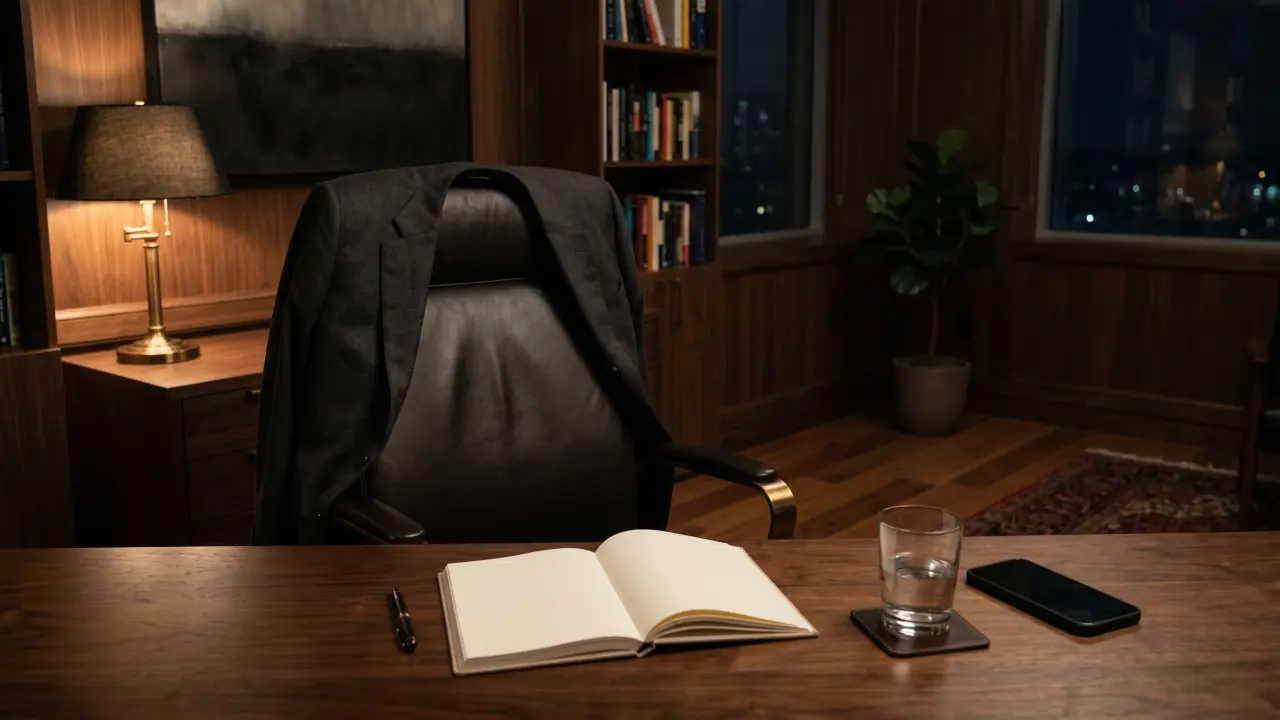 Bureau confidentiel en lumière basse avec fauteuil de dirigeant vide, veste sur le dossier, carnet ouvert, verre d’eau et téléphone retourné