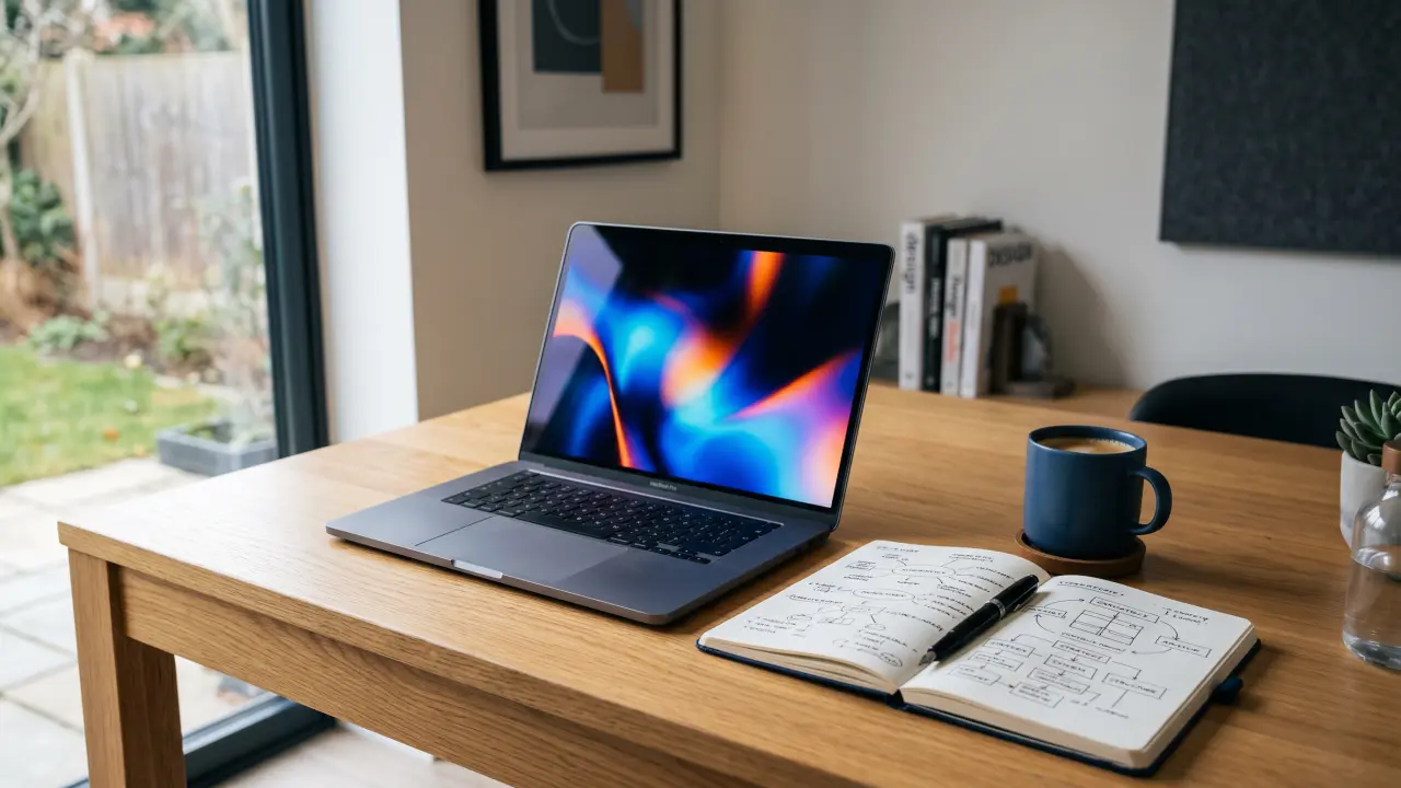 Bureau de création sobre avec ordinateur affichant une interface abstraite, carnet de notes et schémas conceptuels