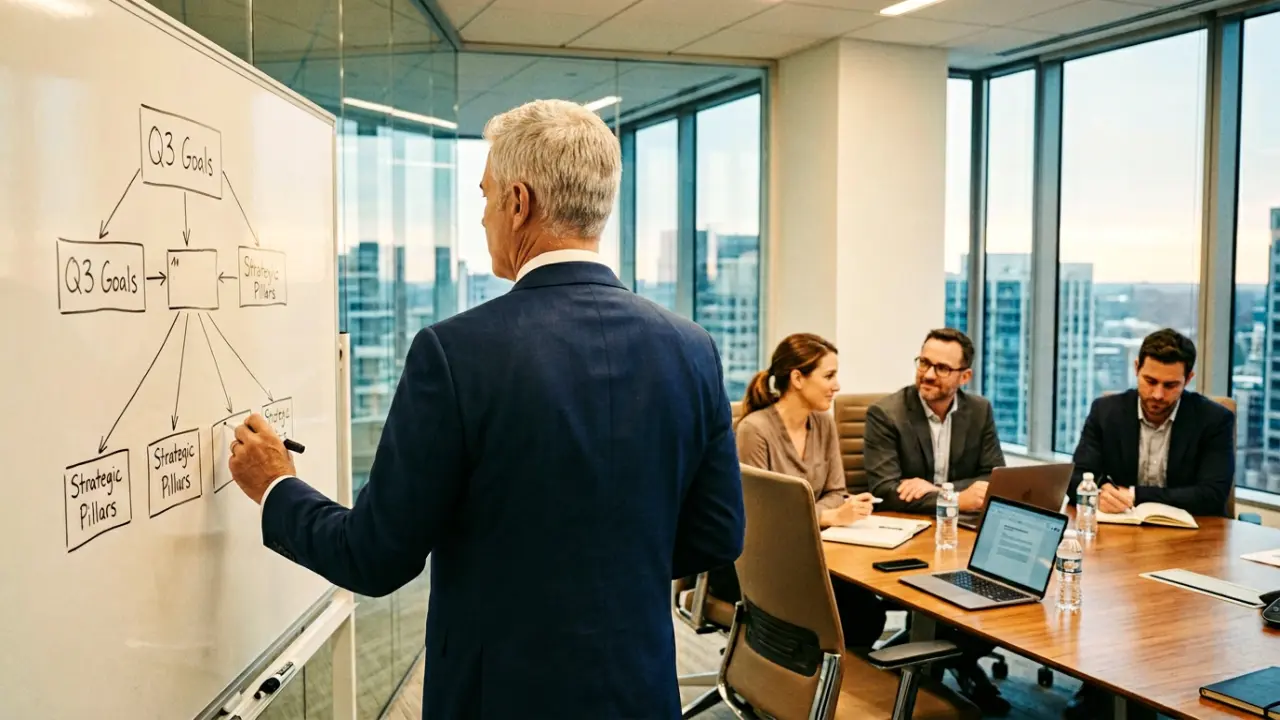 Dirigeant redessinant un schéma déjà structuré devant son équipe ,pattern de contrôle en action