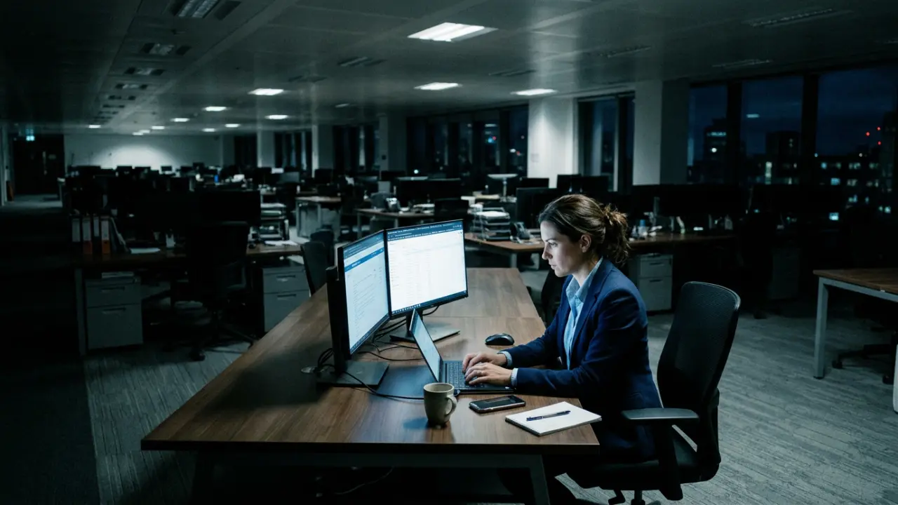 Cadre travaillant seule la nuit dans un open-space vide ,hyper-performance comme identité