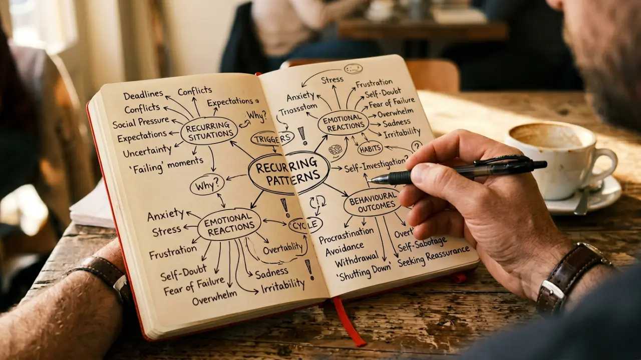 Carnet ouvert avec carte mentale manuscrite reliant situations, réactions et conséquences