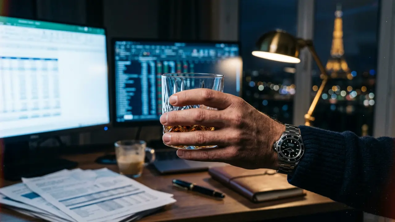 Main de dirigeant tenant un verre de whisky devant des écrans de bureau la nuit