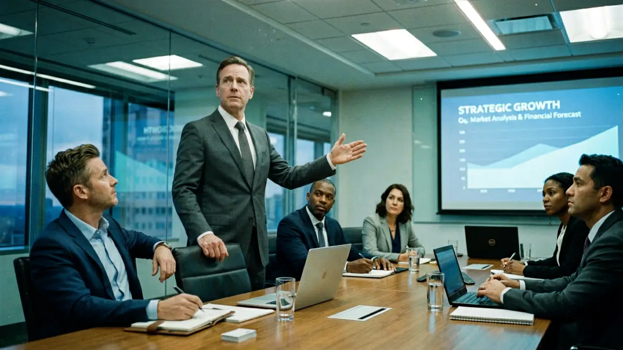 Dirigeant debout en réunion corporate sous effort cognitif intense