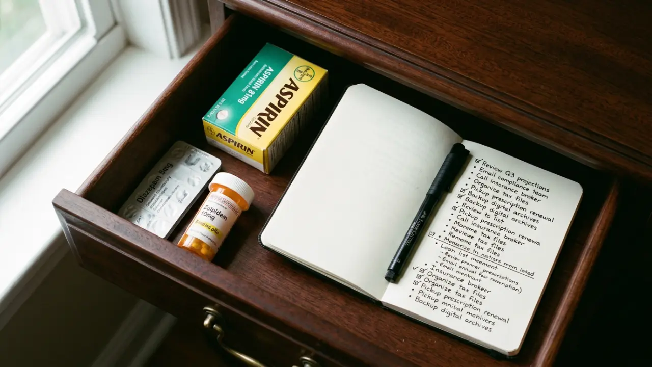 Tiroir de bureau avec plaquettes de médicaments et carnet Moleskine d'un cadre dirigeant