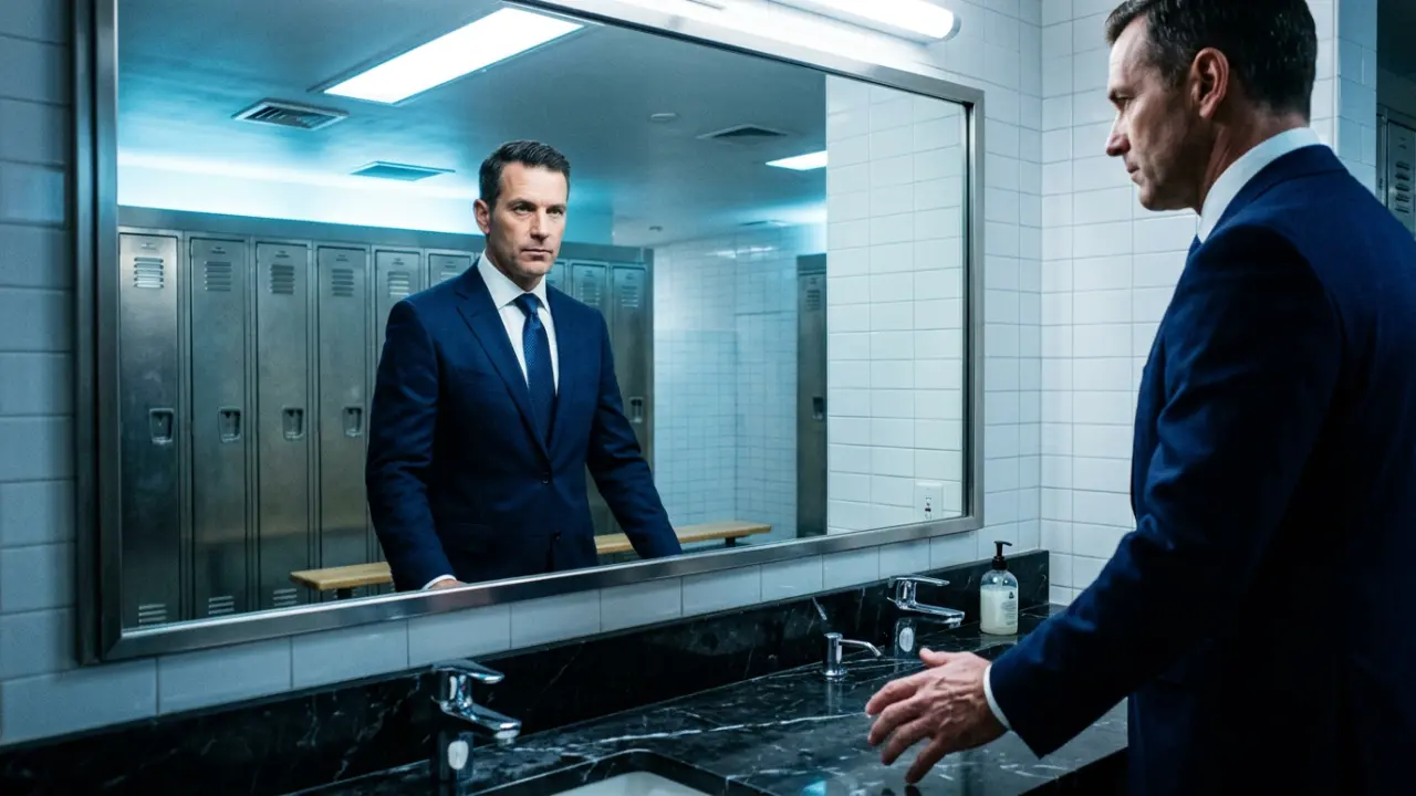 Dirigeant en costume face à un miroir de vestiaire corporate, main tremblante hors du reflet