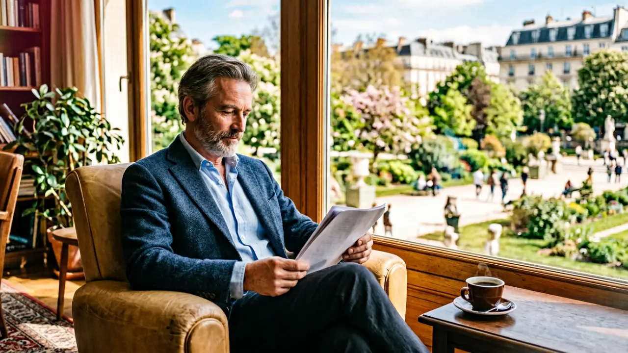 Dirigeant détendu lisant dans un fauteuil clair près d'une fenêtre ensoleillée donnant sur un jardin parisien