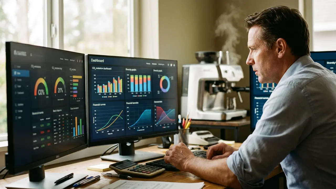 Cadre dirigeant analysant des tableaux de bord ESG avec indicateurs de performance durable