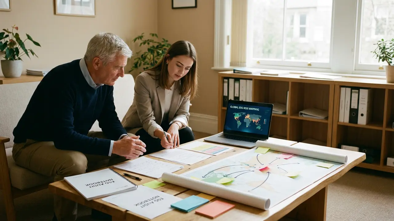 Consultants ESG élaborant une stratégie de cartographie des risques et mise en conformité