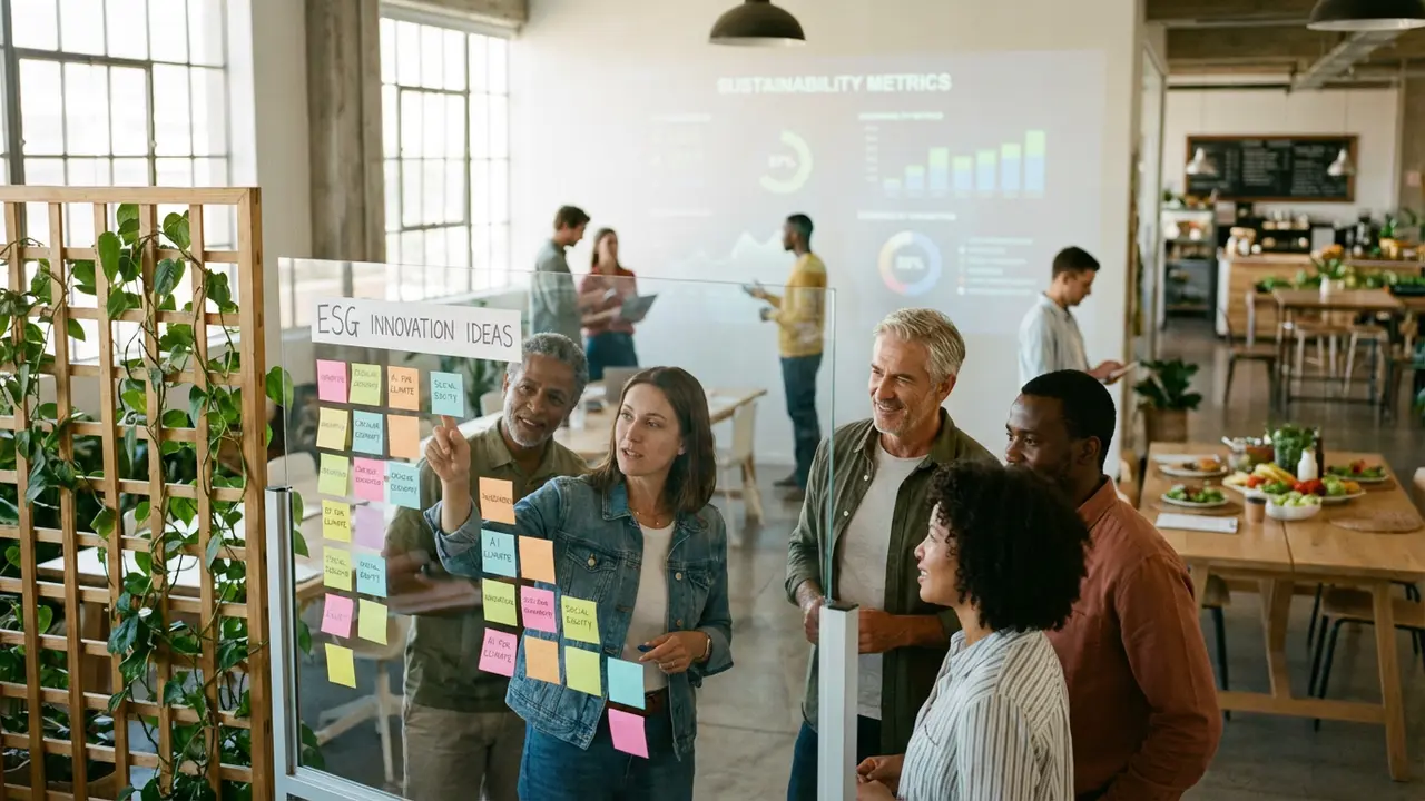 Équipes collaboratives innovant sur des projets ESG avec outils numériques et big data