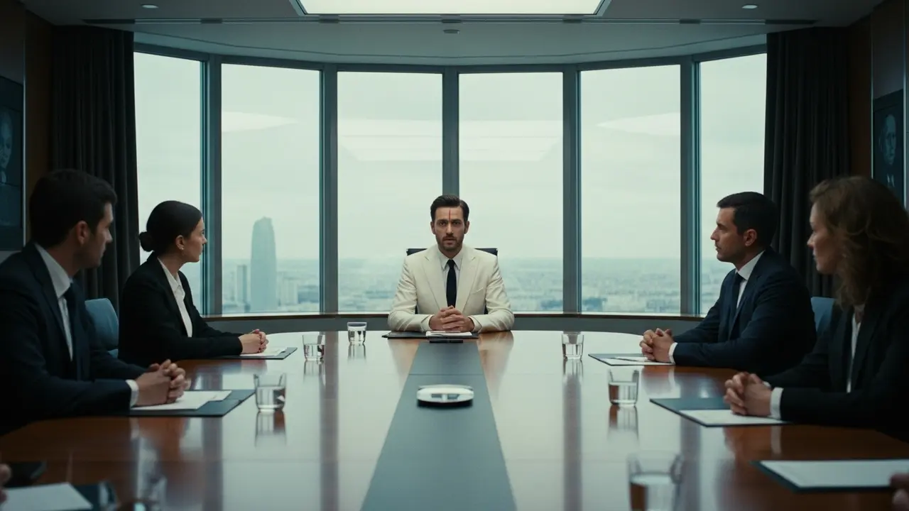 Salle de réunion, leader affichant une confiance puissante mais fragile